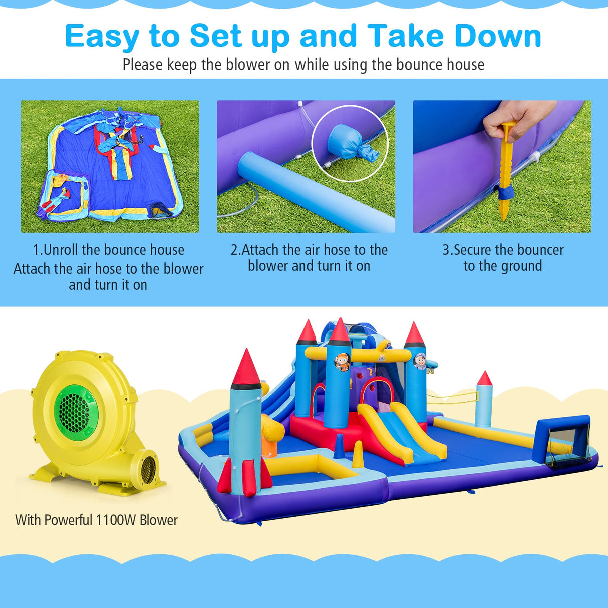 Parque de toboganes de agua inflable con temática de cohete con soplador de 1100 W