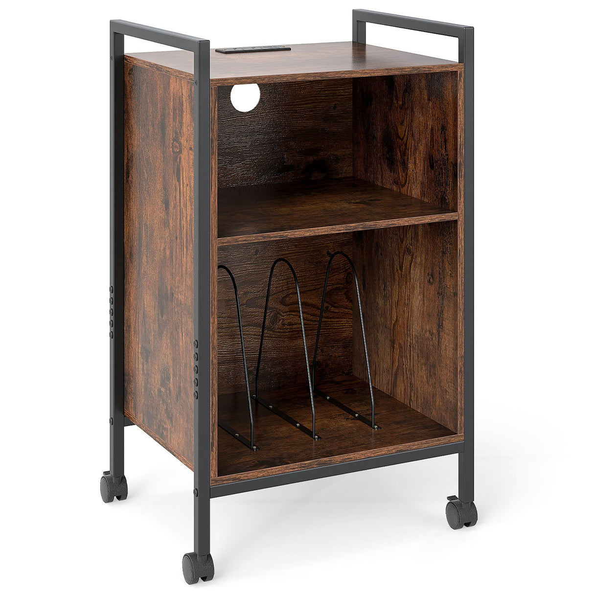 Mueble para tocadiscos móvil con toma de corriente - Marrón rústico