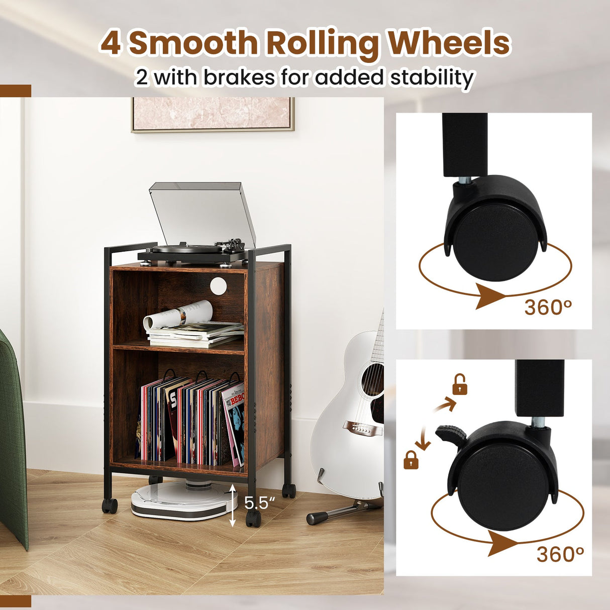 Mueble para tocadiscos móvil con toma de corriente - Marrón rústico