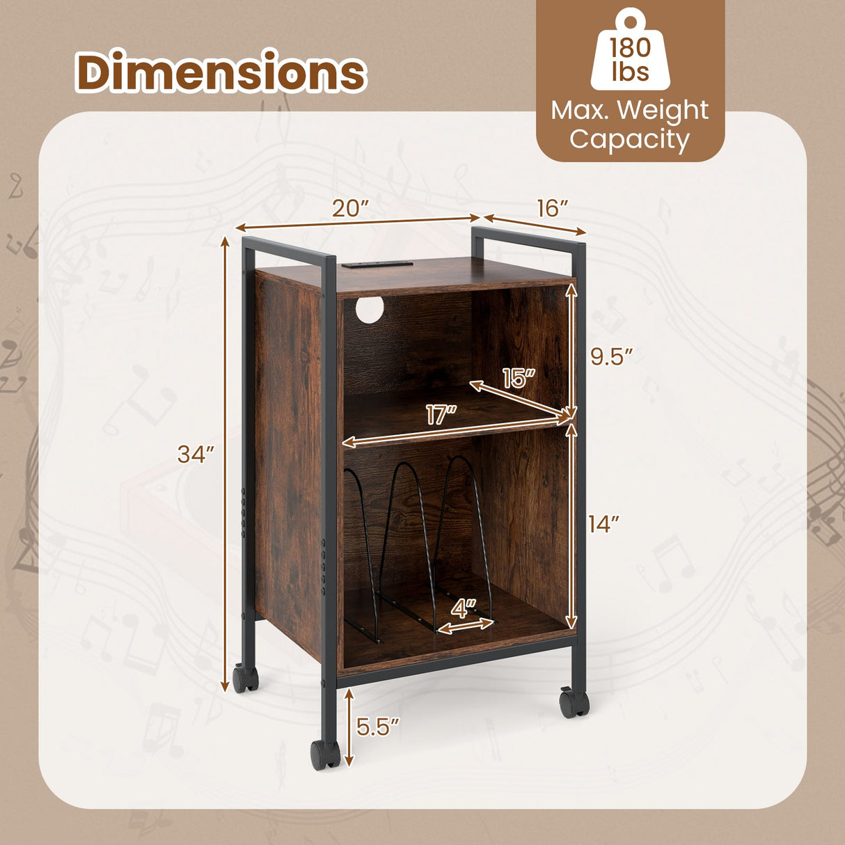 Mueble para tocadiscos móvil con toma de corriente - Marrón rústico