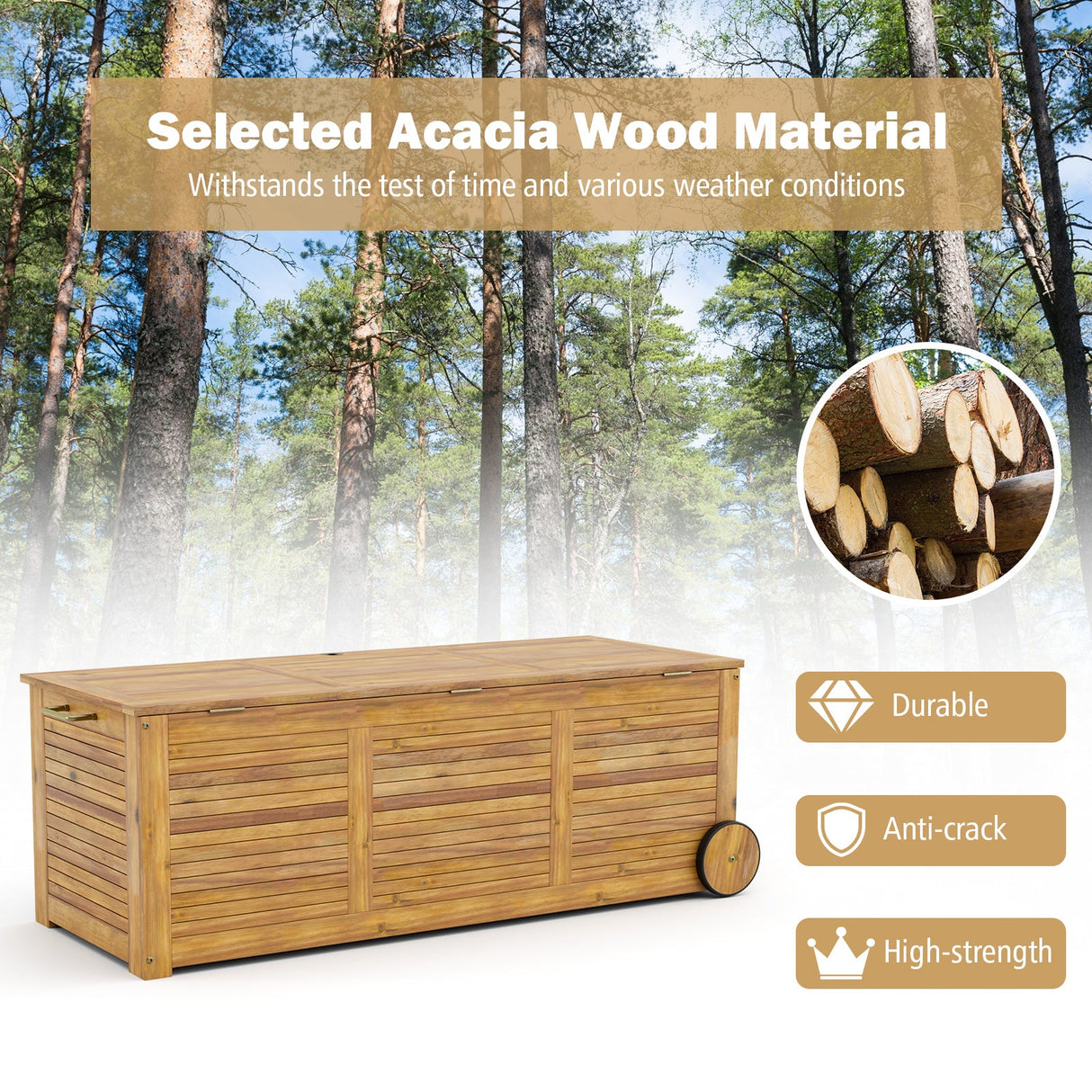 Caja de Almacenamiento Exterior de Madera con Ruedas y Asa Lateral