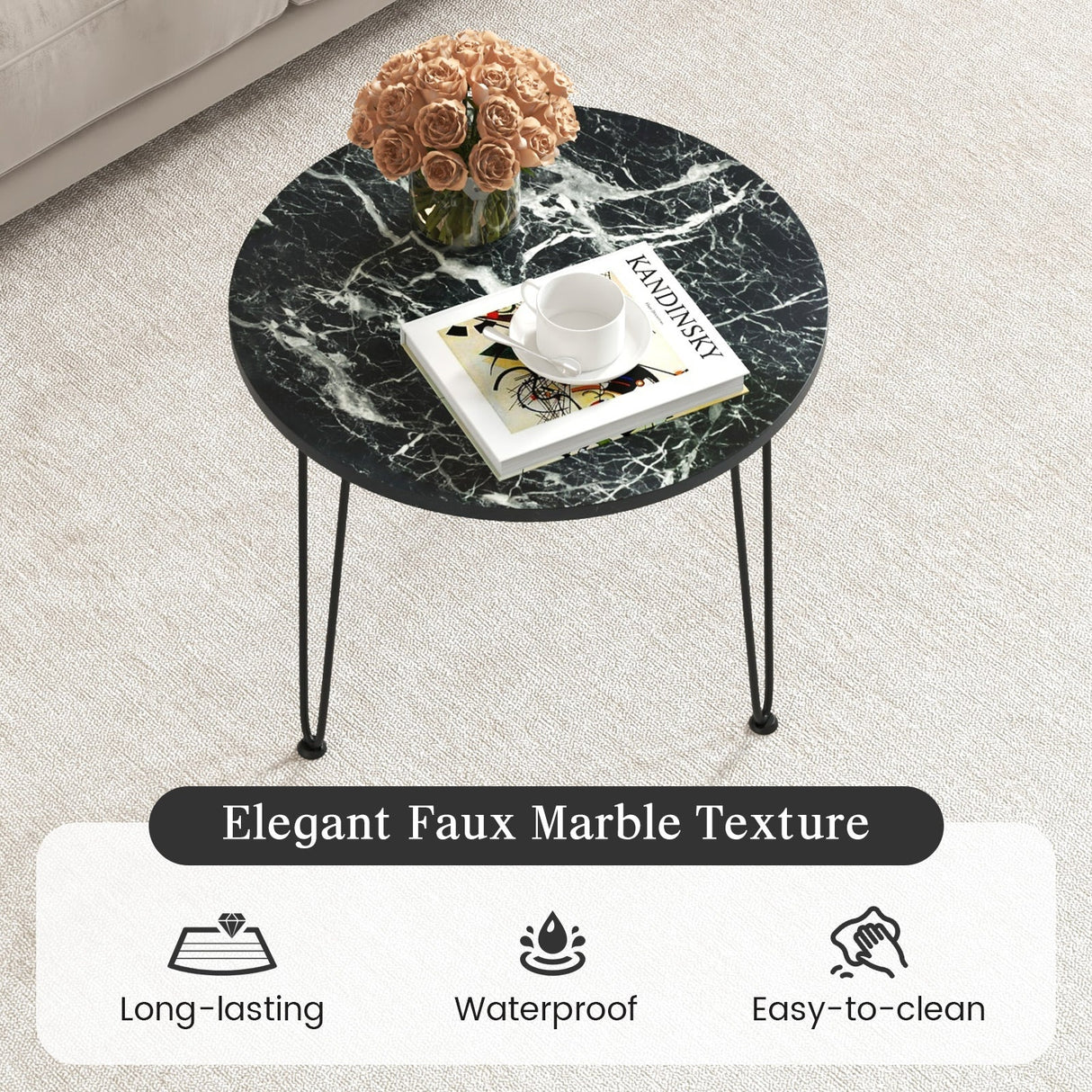 Round Coffee Table with Thickened Tabletop and Metal Tripod Legs