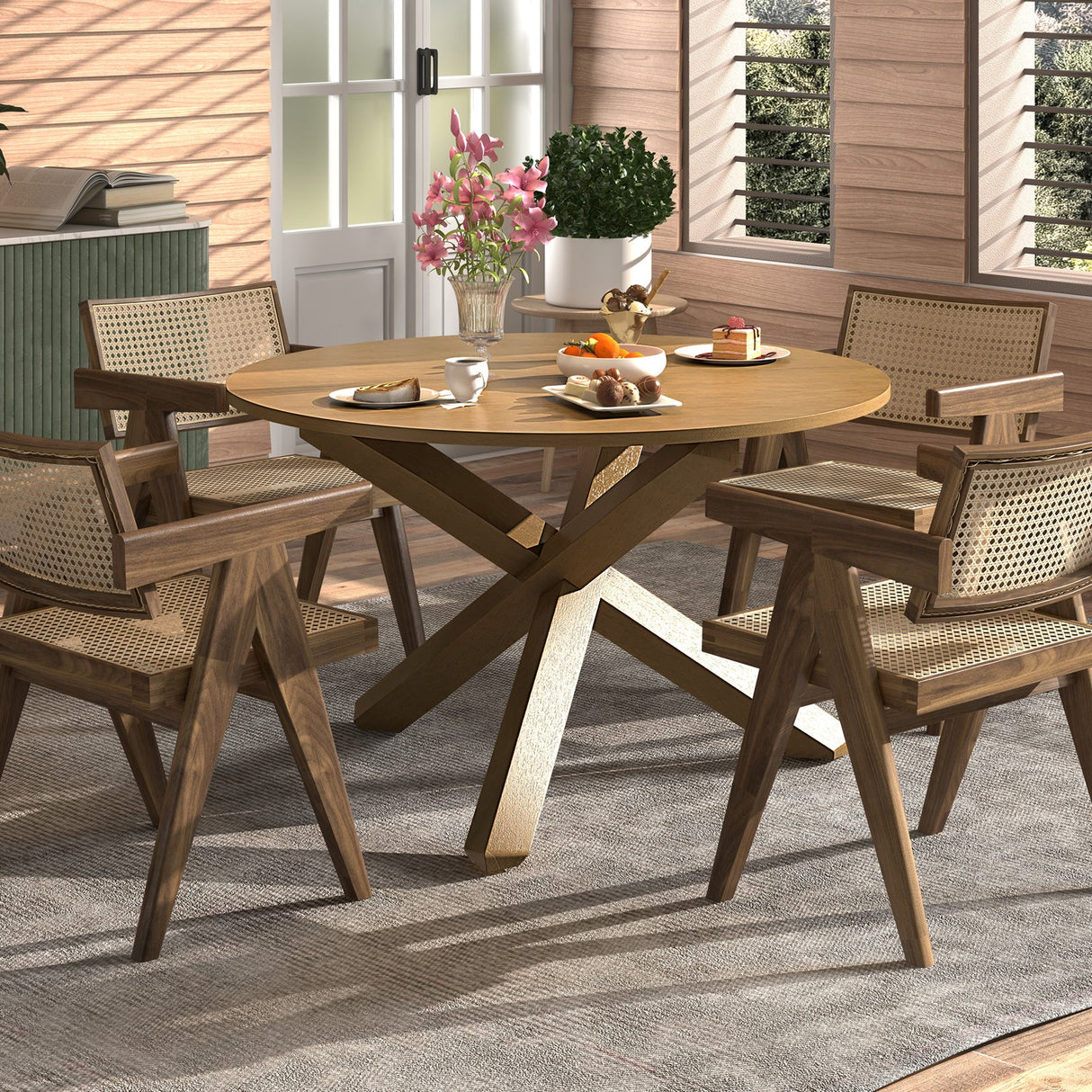 Mesa de comedor redonda de 47 pulgadas con patas de madera maciza de acacia para 4-6 personas-Natural