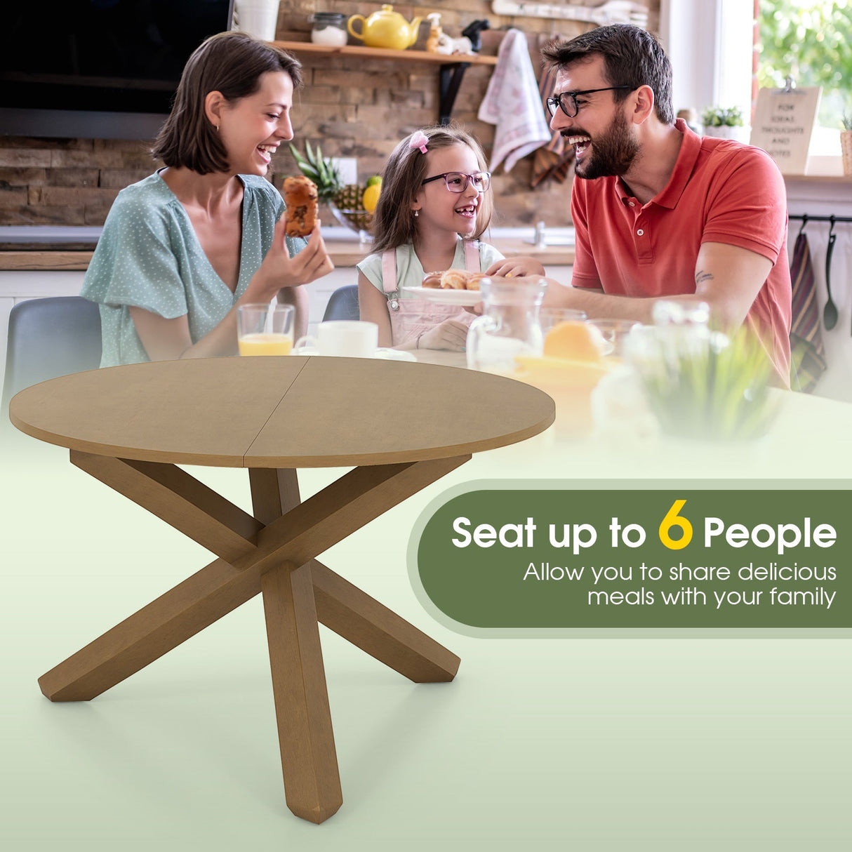Mesa de comedor redonda de 47 pulgadas con patas de madera maciza de acacia para 4-6 personas-Natural
