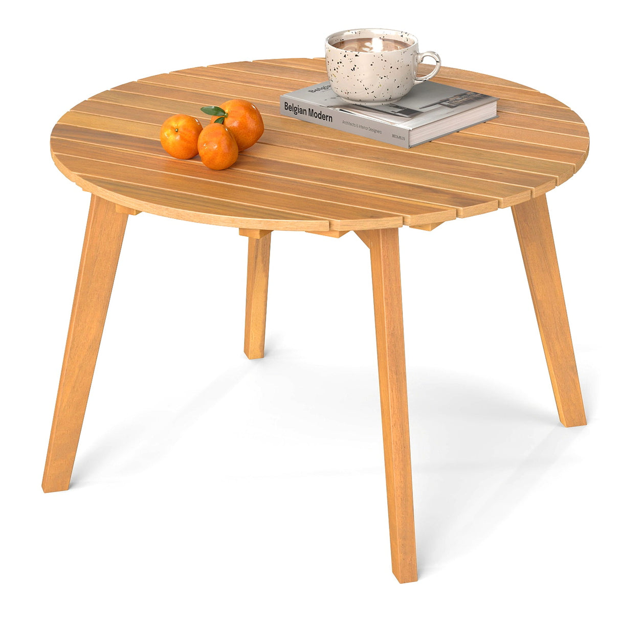 Mesa auxiliar redonda de madera de acacia para exteriores con tablero de listones