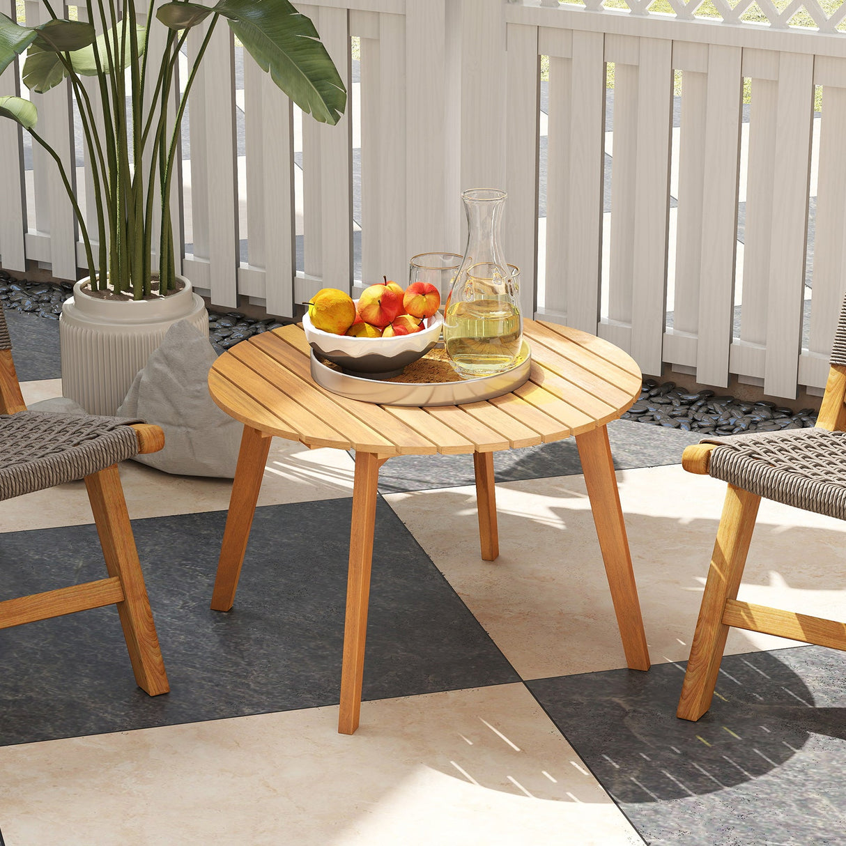 Mesa auxiliar redonda de madera de acacia para exteriores con tablero de listones