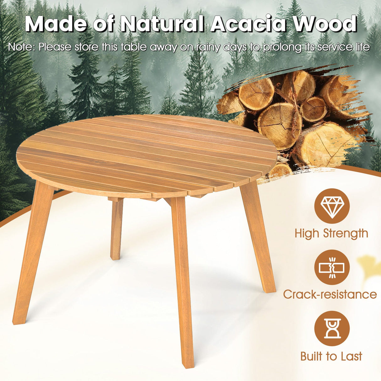 Mesa auxiliar redonda de madera de acacia para exteriores con tablero de listones