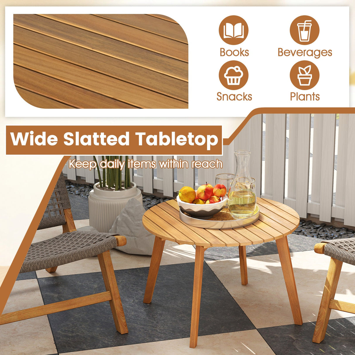 Mesa auxiliar redonda de madera de acacia para exteriores con tablero de listones