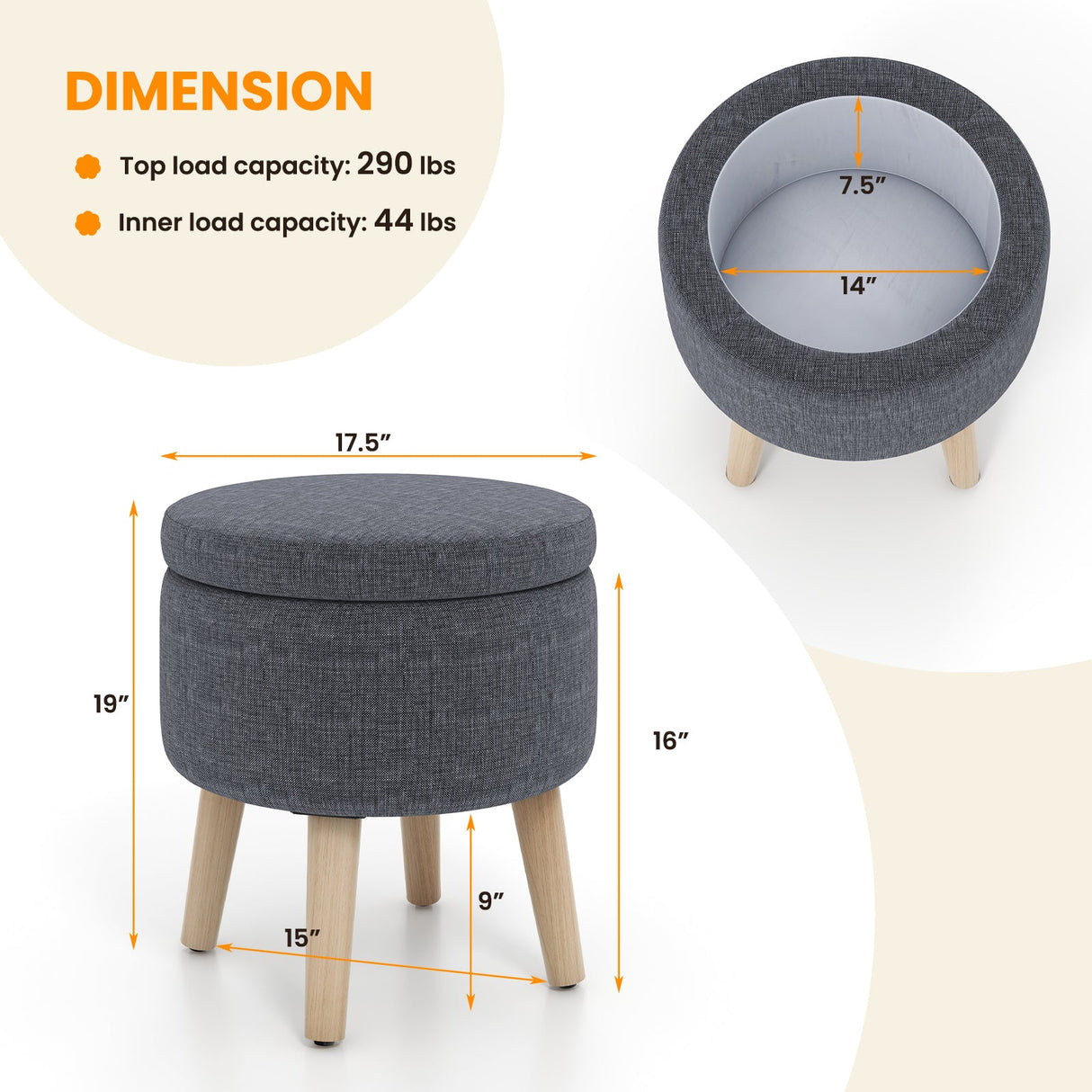 Otomana redonda de almacenamiento con patas de madera de caucho y almohadillas ajustables para los pies