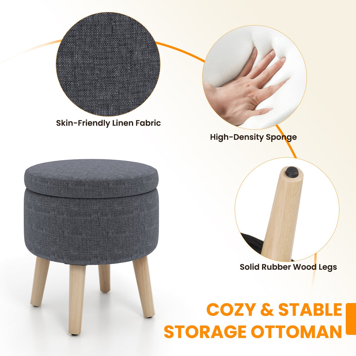 Otomana redonda de almacenamiento con patas de madera de caucho y almohadillas ajustables para los pies