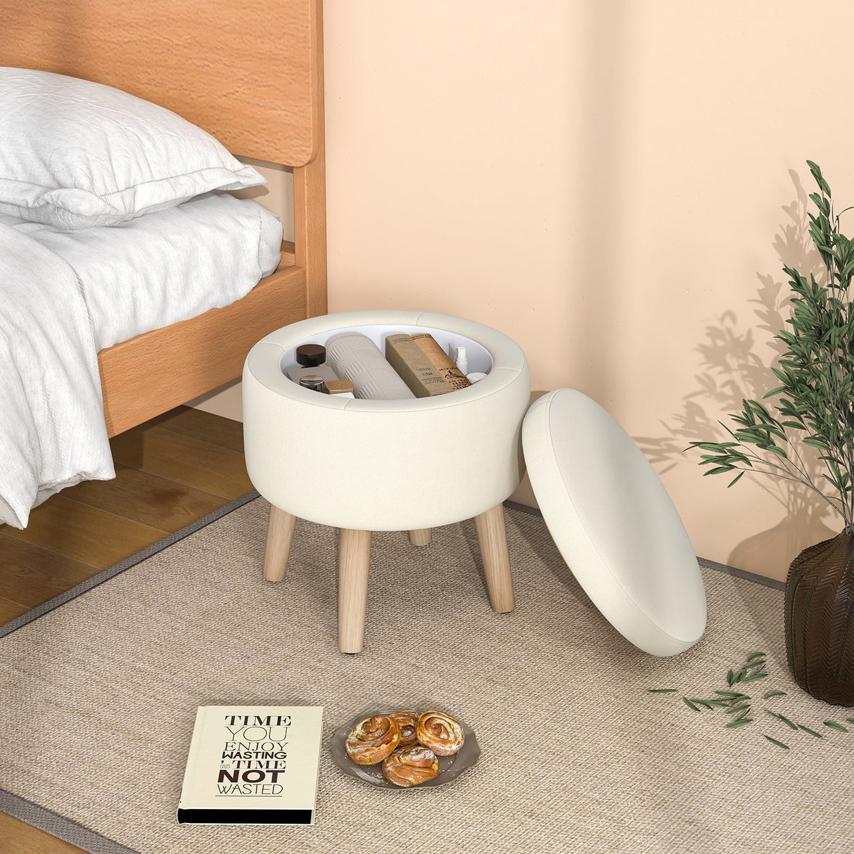 Otomana redonda de almacenamiento con patas de madera de caucho y almohadillas ajustables para los pies