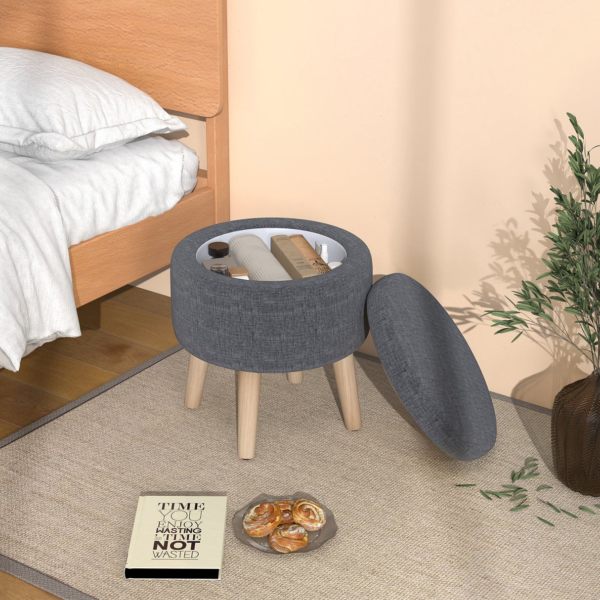 Otomana redonda de almacenamiento con patas de madera de caucho y almohadillas ajustables para los pies
