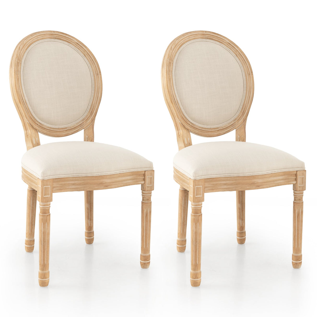 Rubber Wood Kitchen French Dining Chair Set of 2 with Sponge Padding and Round Backrest-Beige