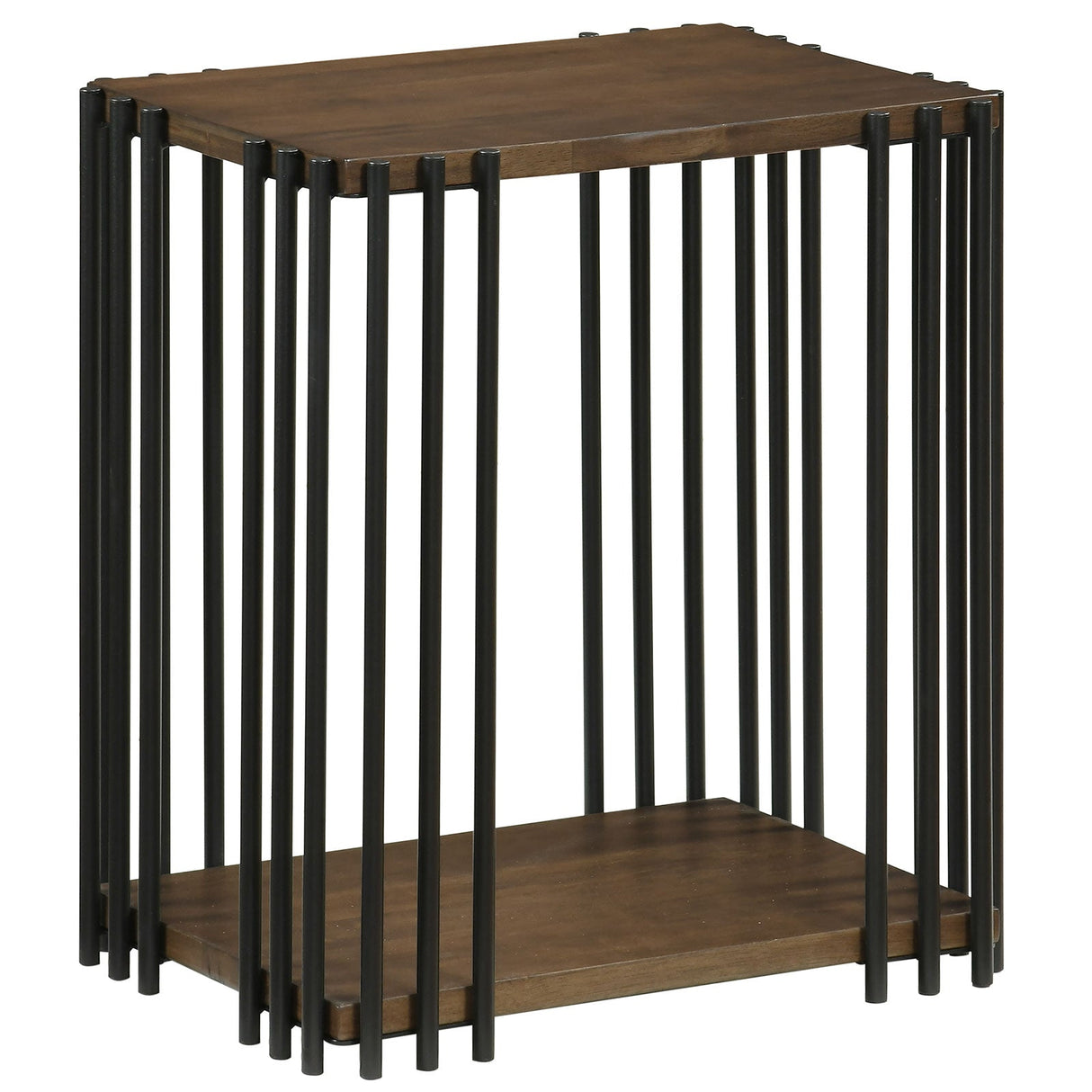 Mesa auxiliar de madera de caucho con 2 estantes de almacenamiento y estructura de metal - Nogal