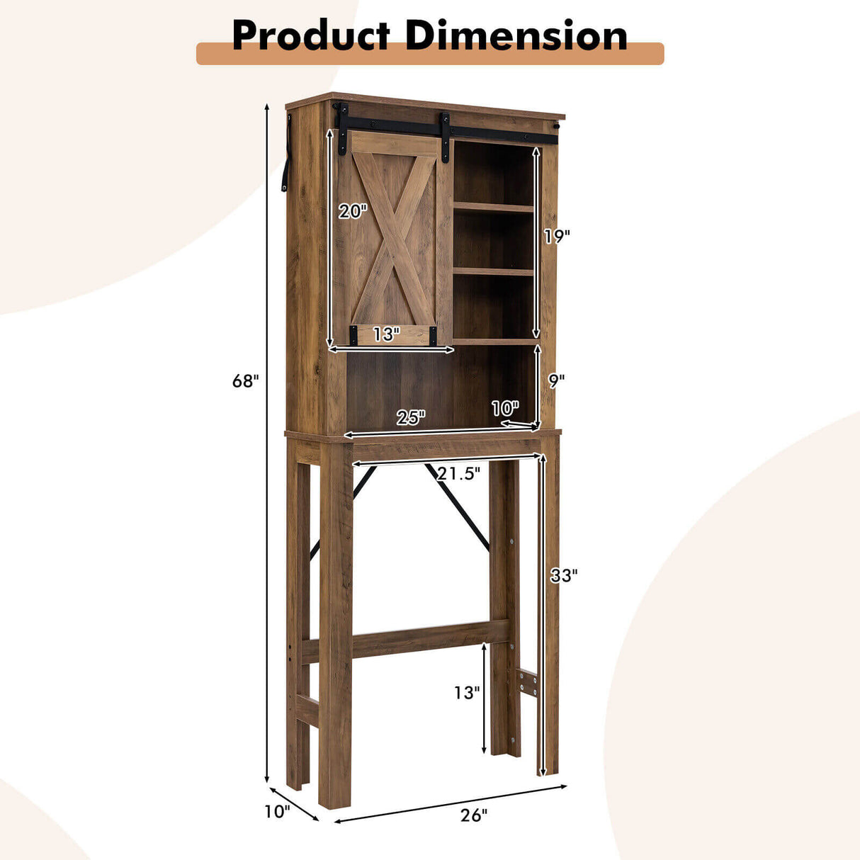 Armario de almacenamiento de baño de madera con puerta corrediza tipo granero y estantes ajustables de 3 niveles - Marrón rústico