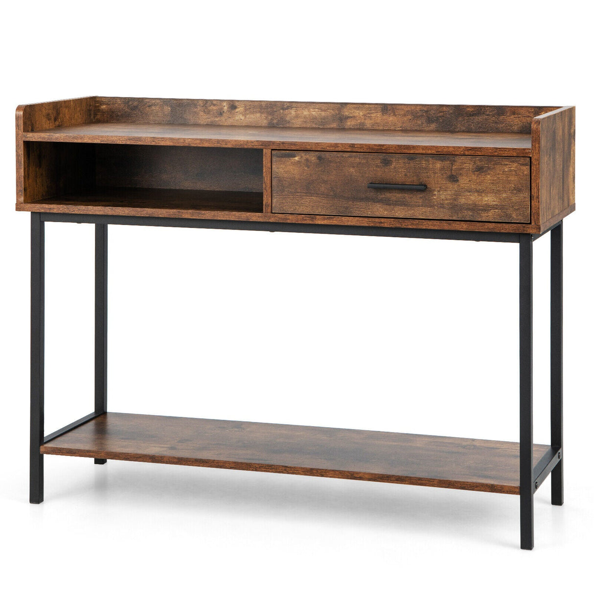 Mesa consola larga con cajón y estructura de metal-Marrón rústico