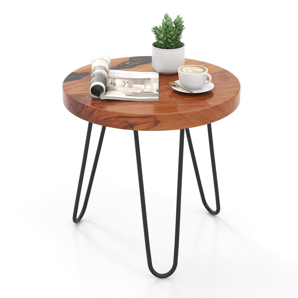 Mesa auxiliar rústica redonda de teca maciza con borde natural para patio exterior