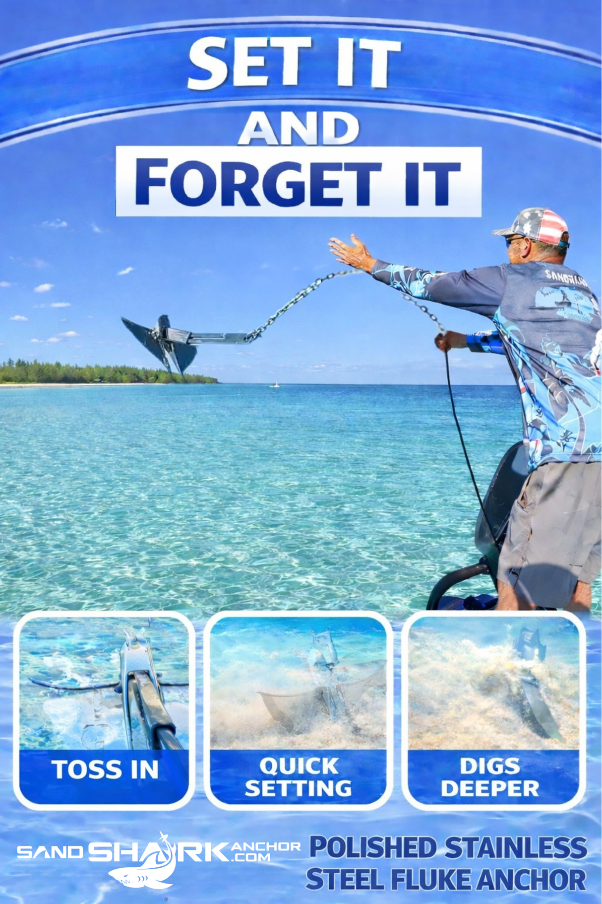 SandShark Premium Stainless Steel Fluke Anchor-Retractable Shaft, Easy Storage-Aluminum Pontoon Boat Anchor, Boats up to 35 ft. Sand Anchor for Boat, Boat Anchor. 13 lbs.