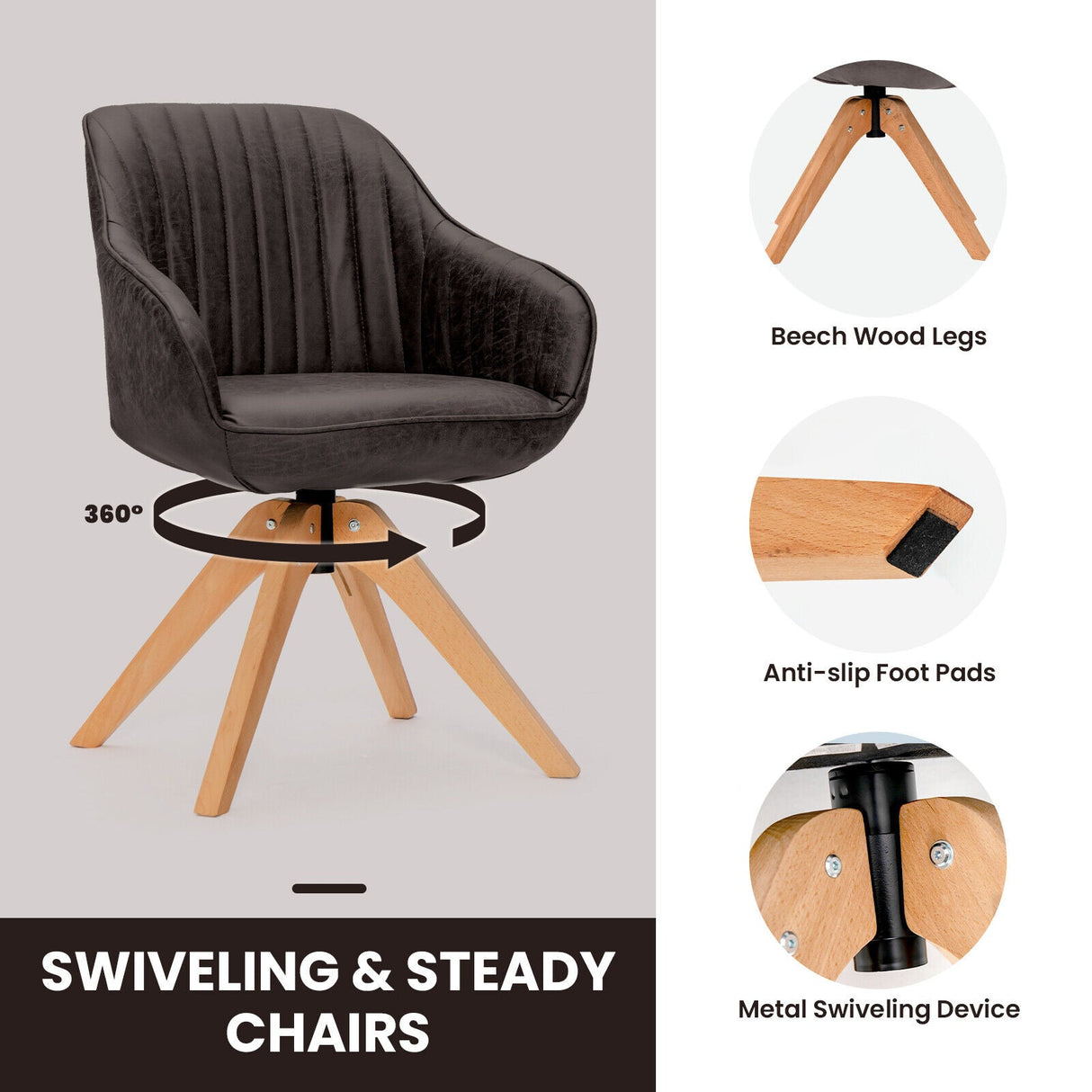 Juego Moderno Leathaire de 2 Sillones Giratorios con Patas de Madera de Haya