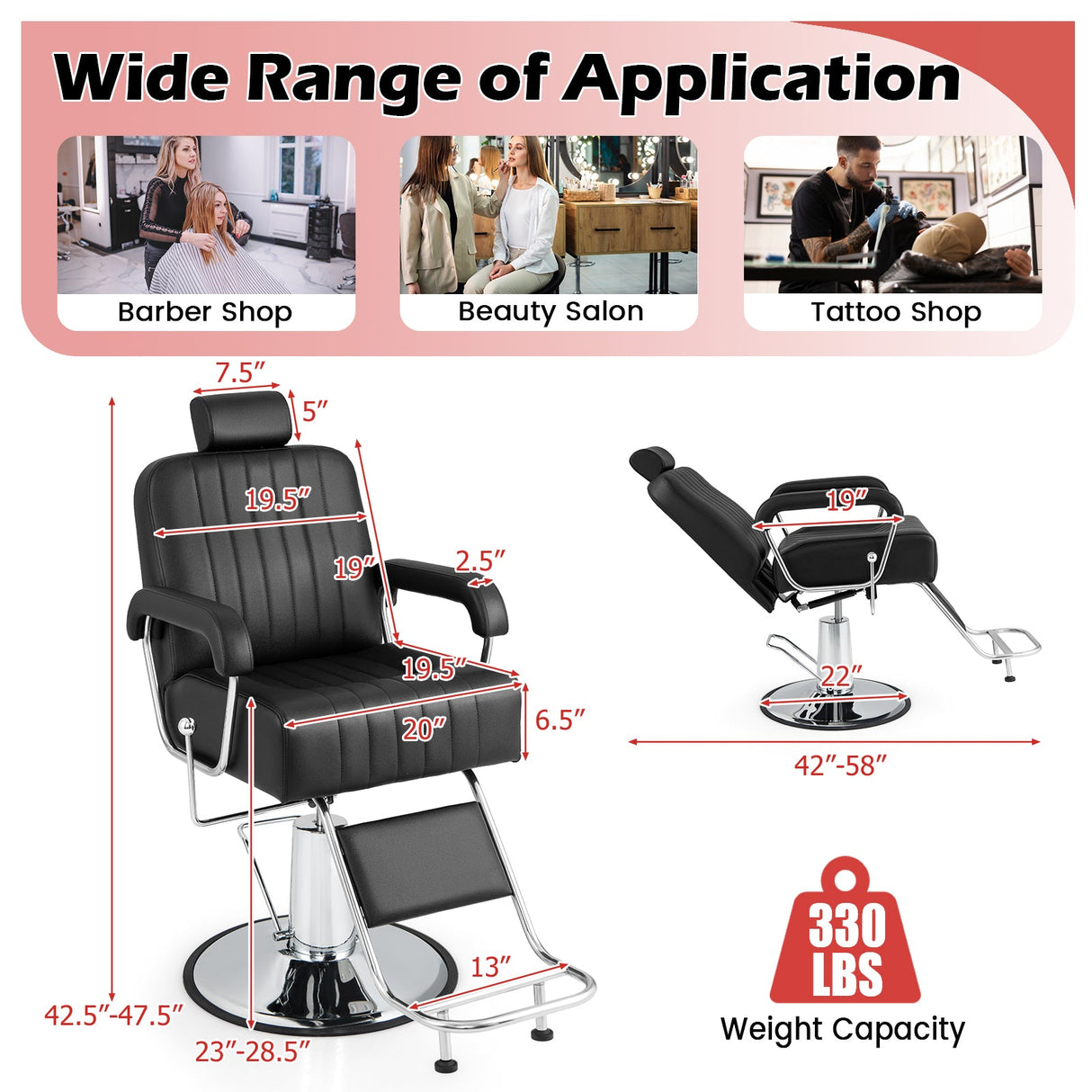 Sillón de barbero hidráulico giratorio 360 grados con reposacabezas ajustable y respaldo reclinable - Negro