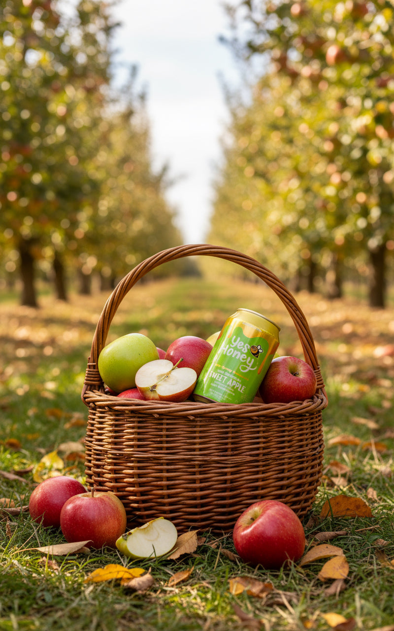 Caja de refresco de manzana espumoso endulzado con miel