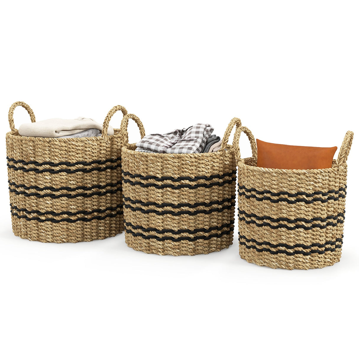 Cestas de Almacenamiento Apilables con Asas de Jacinto de Agua, Redondas, Tejidas, Juego de 3