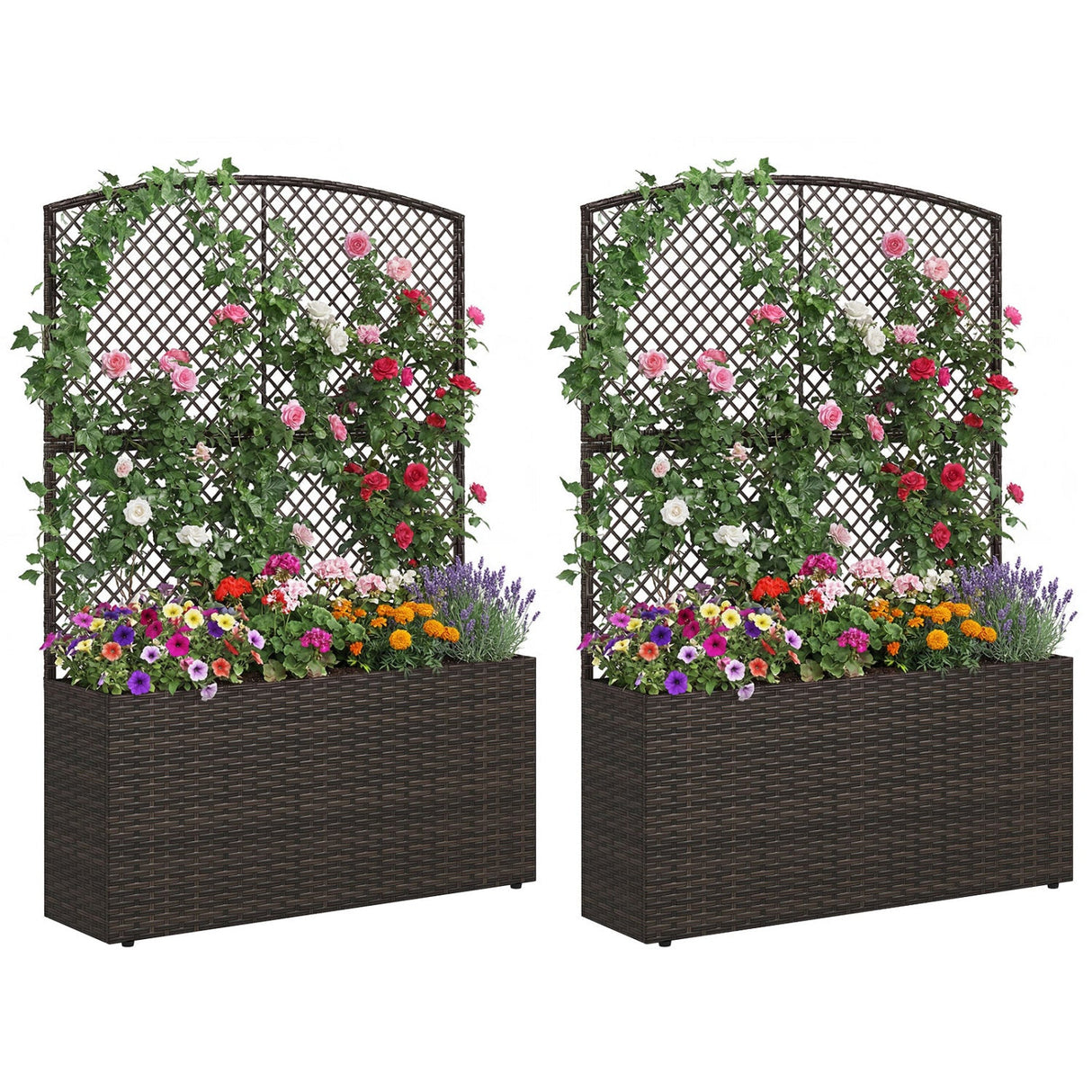 Set of 2 58 Inch Raised Garden Bed with Trellis and Wicker Planter Box