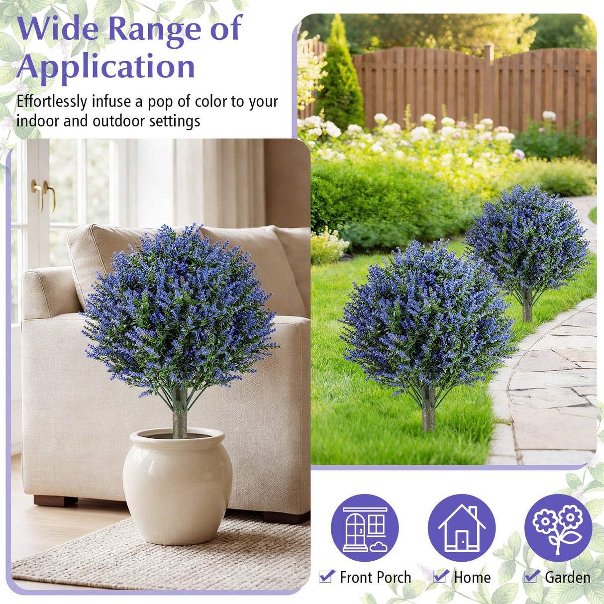 Juego de 2 árboles de topiario artificiales de lavanda con estacas para el suelo