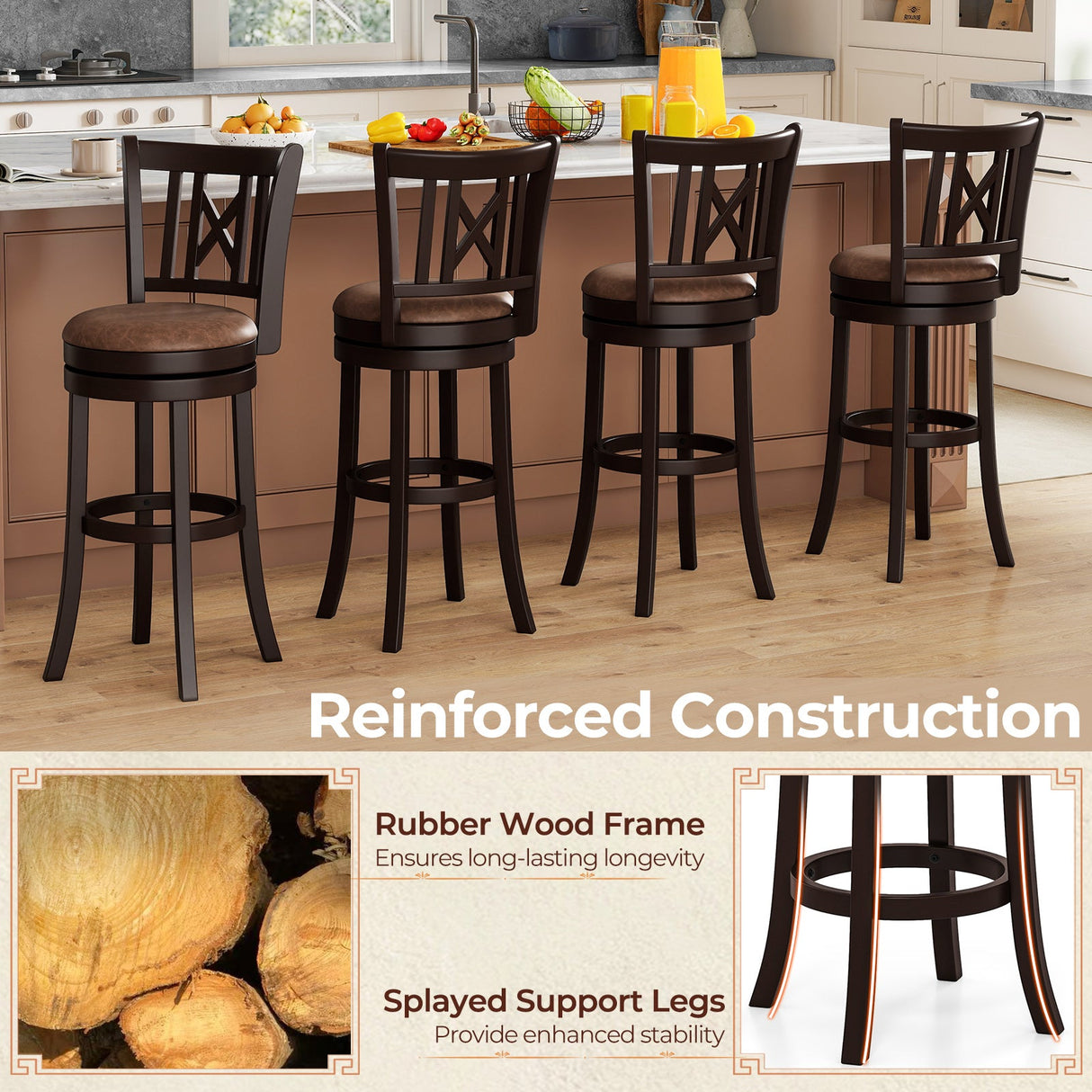 Set of 2 Bar Stools Swivel Bar Chairs with Footrest and Hollowed Backrest