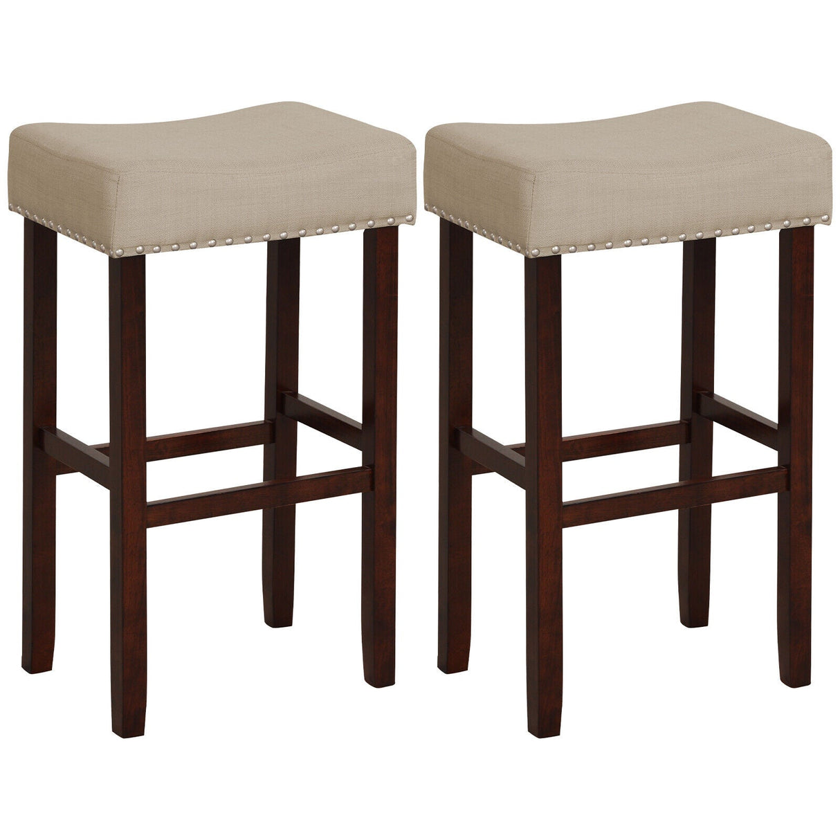 29 Inch Set of 2 Height Upholstered Bar Stool with Solid Rubber Wood Legs and Footrest-Gray