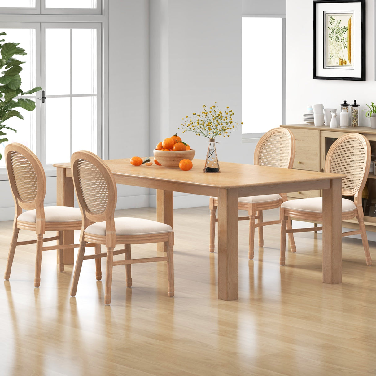 Set of 2 Dining Chairs French Style Kitchen Chair with Hand-Woven Rattan Backrest-Beige