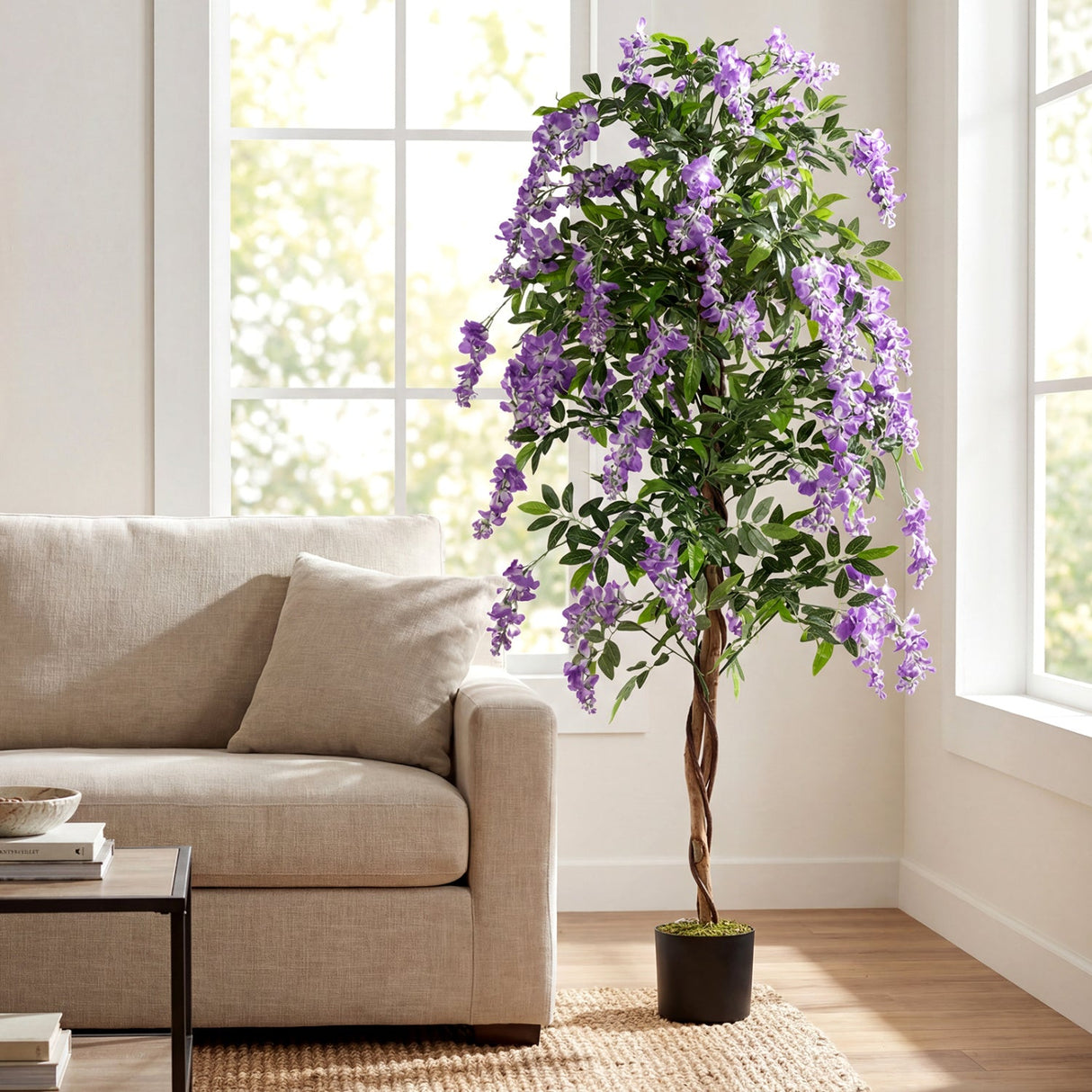 Juego de 2 plantas de ficus artificiales de 1.83 m, árboles de glicinia artificiales con troncos naturales y flores moradas realistas