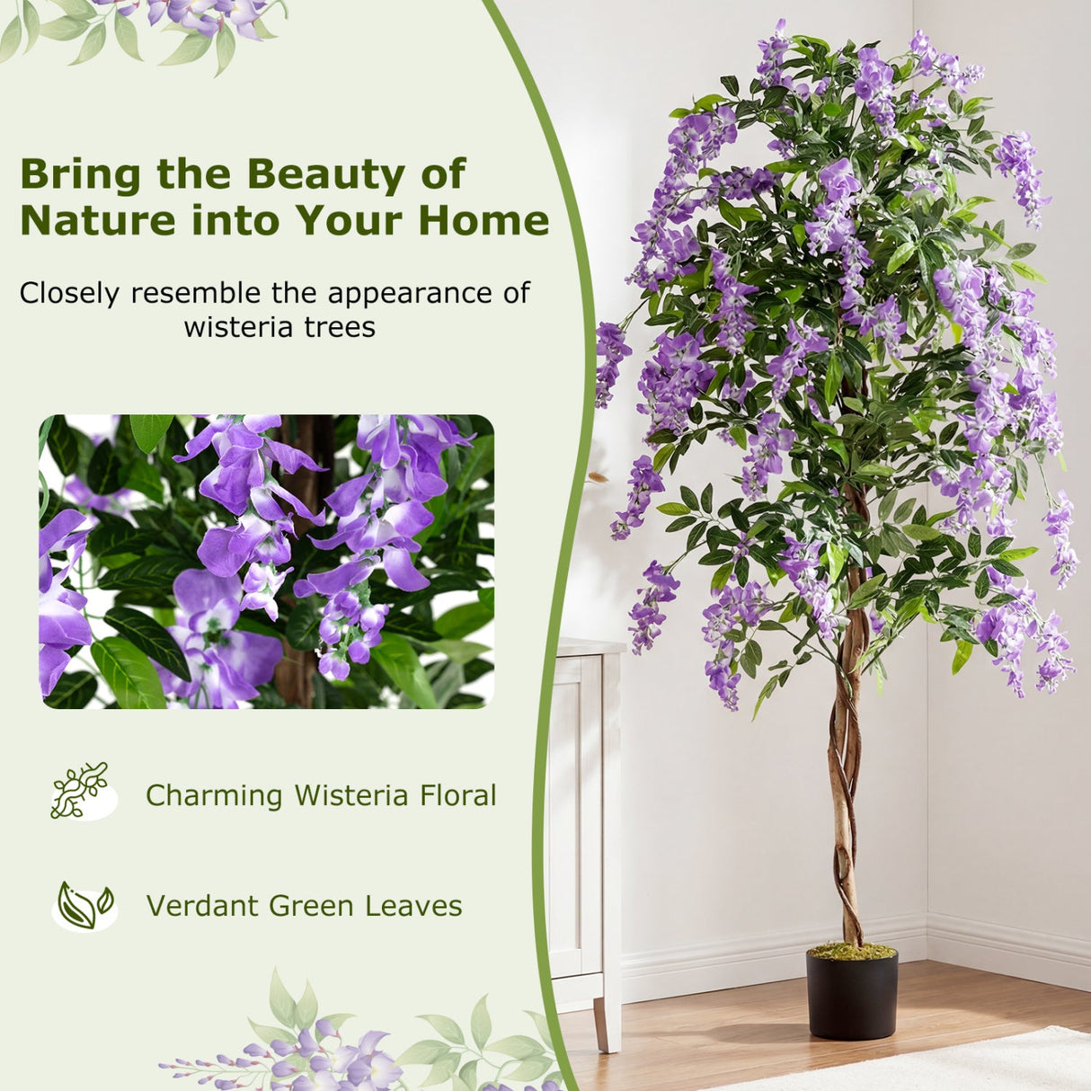 Juego de 2 plantas de ficus artificiales de 1.83 m, árboles de glicinia artificiales con troncos naturales y flores moradas realistas