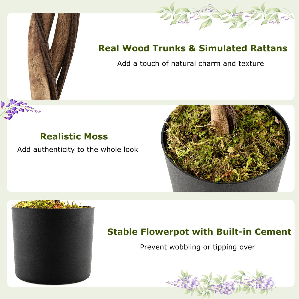 Juego de 2 plantas de ficus artificiales de 1.83 m, árboles de glicinia artificiales con troncos naturales y flores moradas realistas