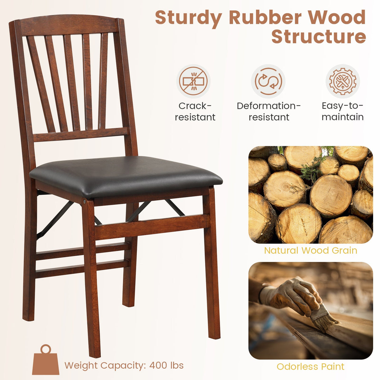 Set of 2 Folding Chairs with Padded Seat and Rubber Wood Frame-Brown