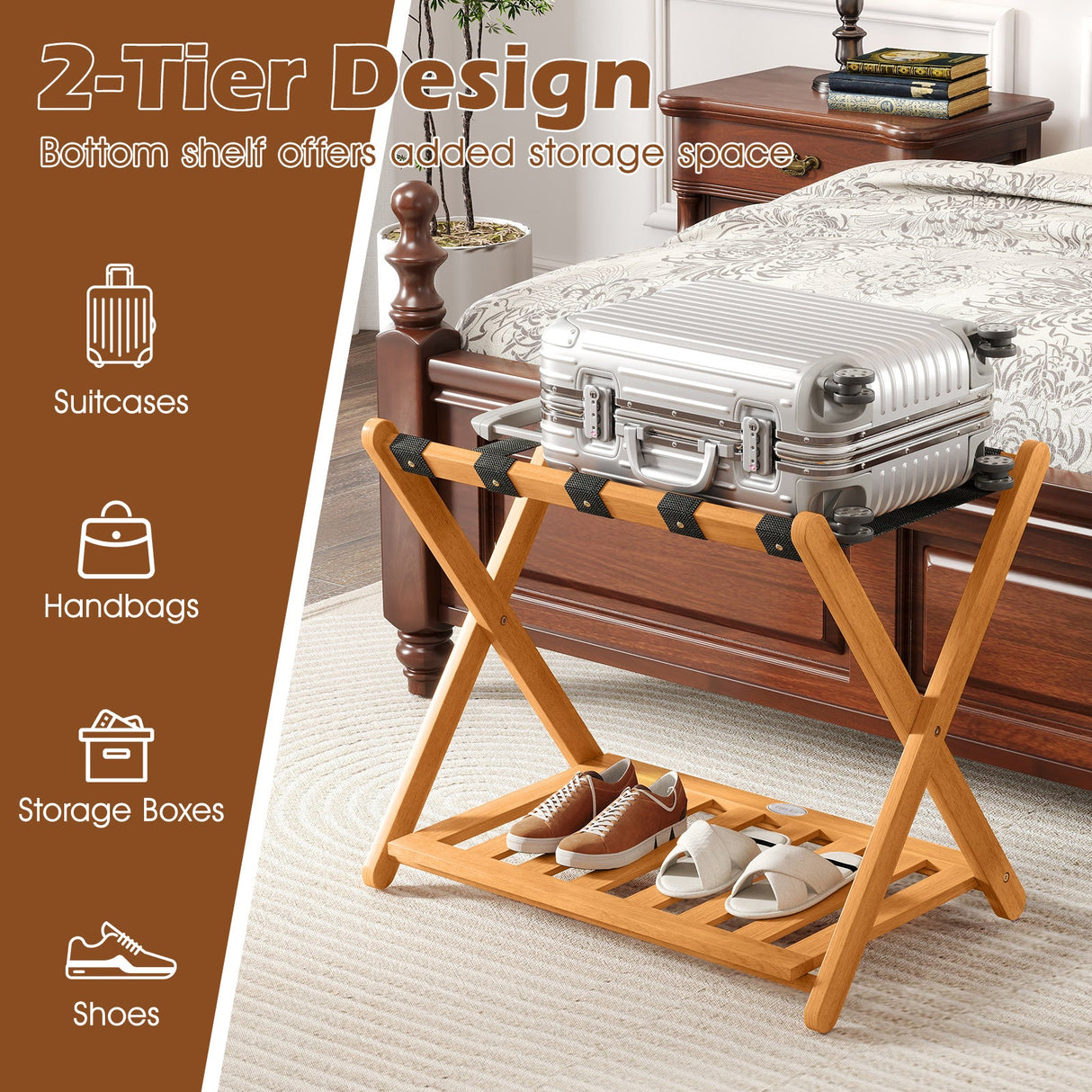 Set of 2 Folding Luggage Racks with 5 Nylon Straps and Slatted Storage Shelf