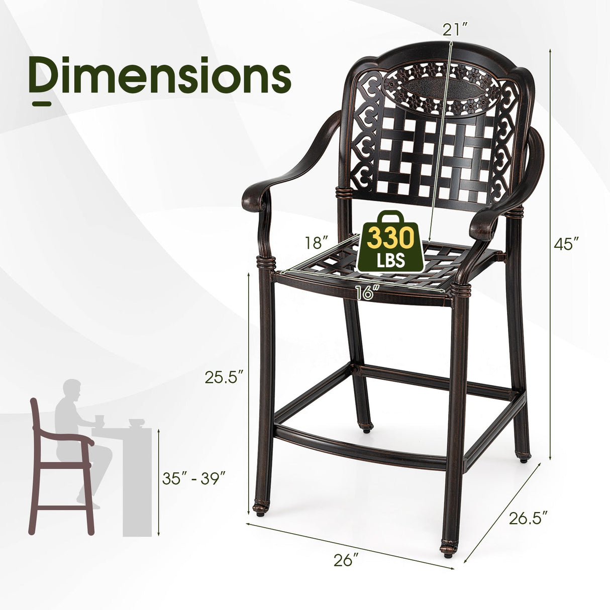 Juego de 2 Taburetes de Bar para Exterior de Aluminio Fundido de 25.5 Pulgadas de Altura de Mostrador - Cobre