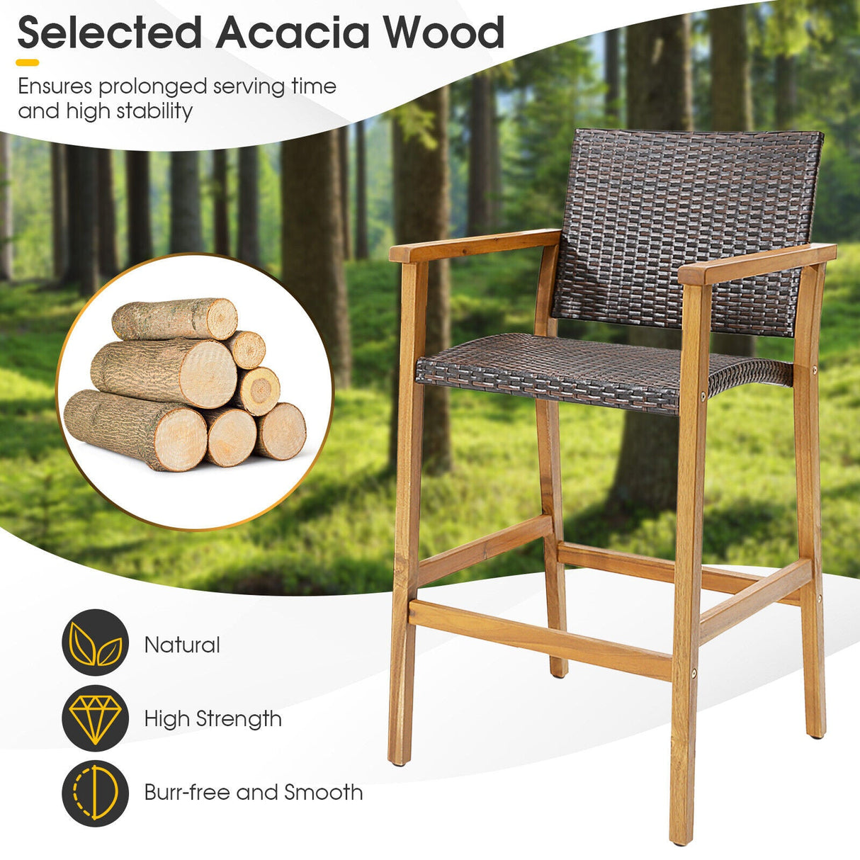 Juego de 2 sillas de bar de patio de mimbre de PE con reposabrazos de madera de acacia - Juego de 2