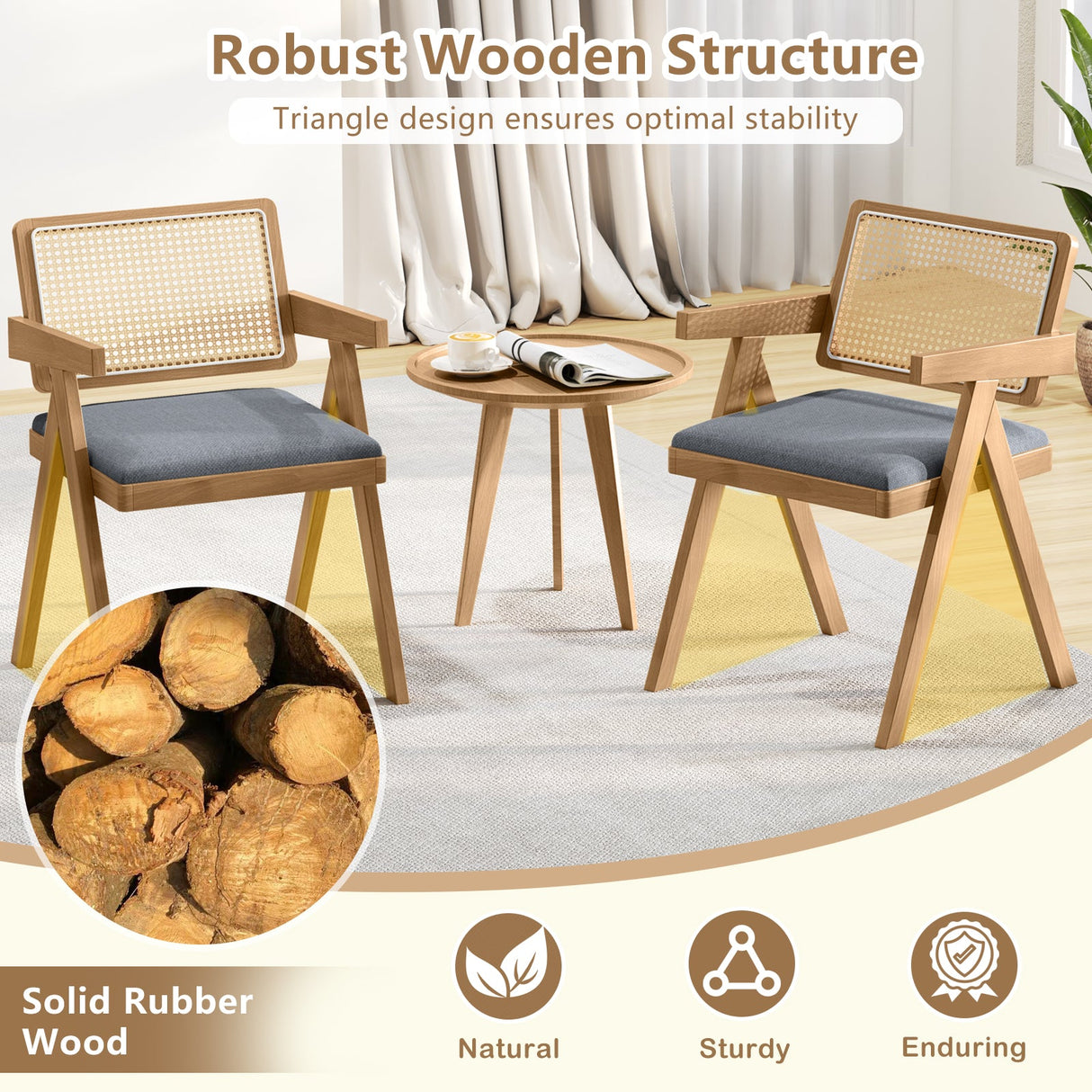 Juego de 2 sillones decorativos de ratán con cojín acolchado y estructura de madera de caucho