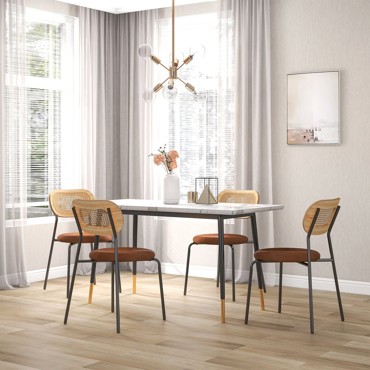 Set of 2 Rattan Dining Chair with Metal Legs