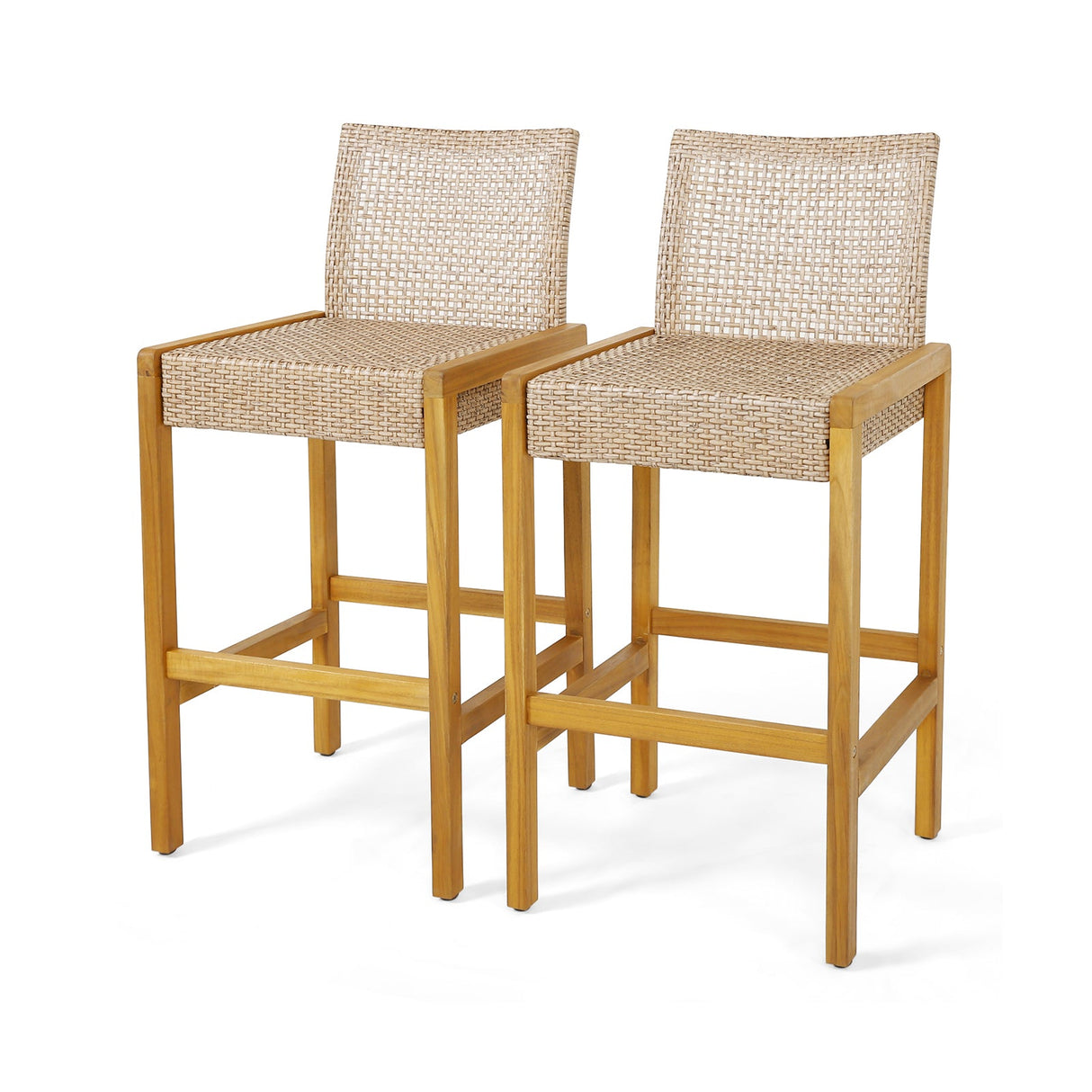 Juego de 2 taburetes de bar de ratán de madera para patio con respaldo - Juego de 2