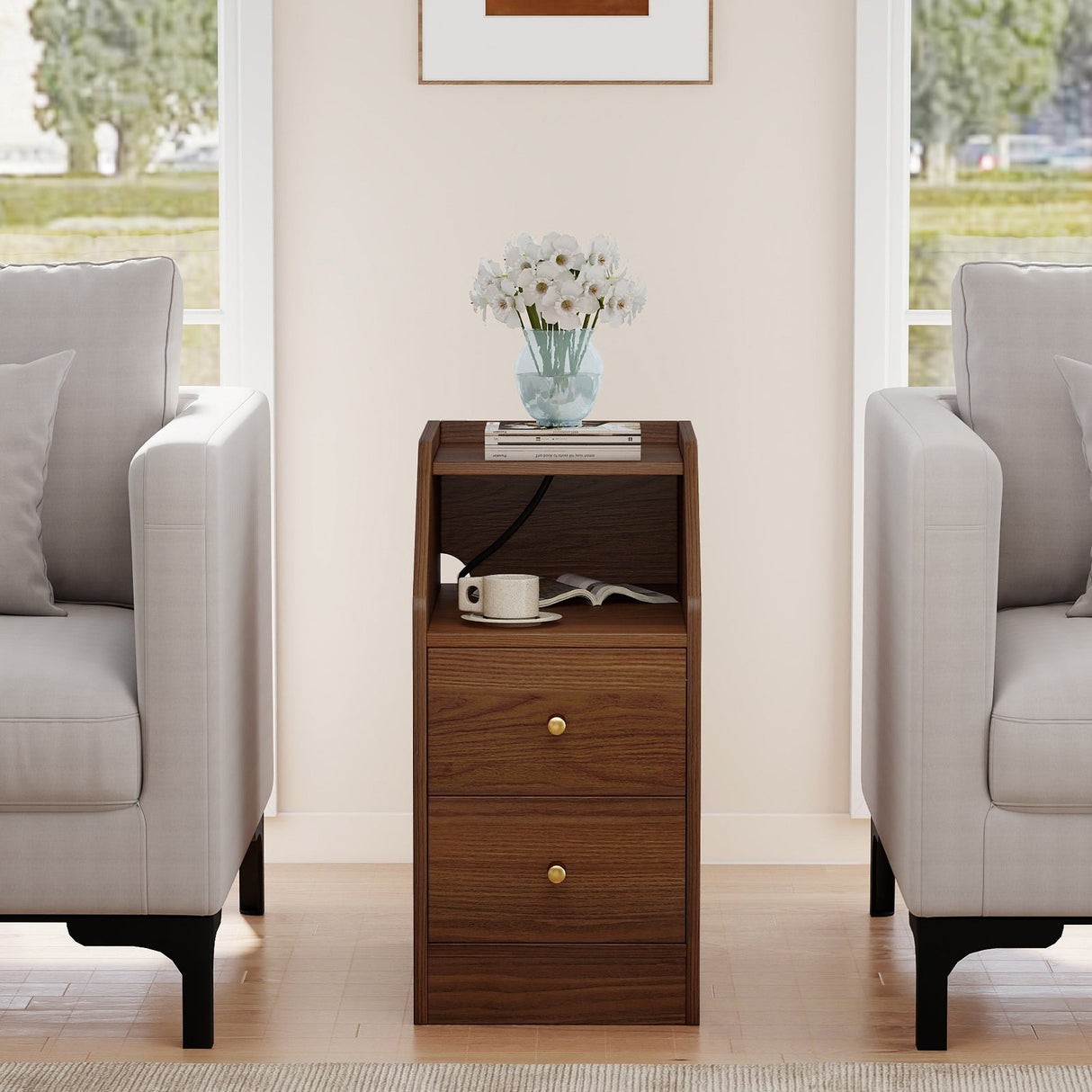Set of 2 Side End Tables with Charging Station Sofa Couch Tables with Shelf Drawers