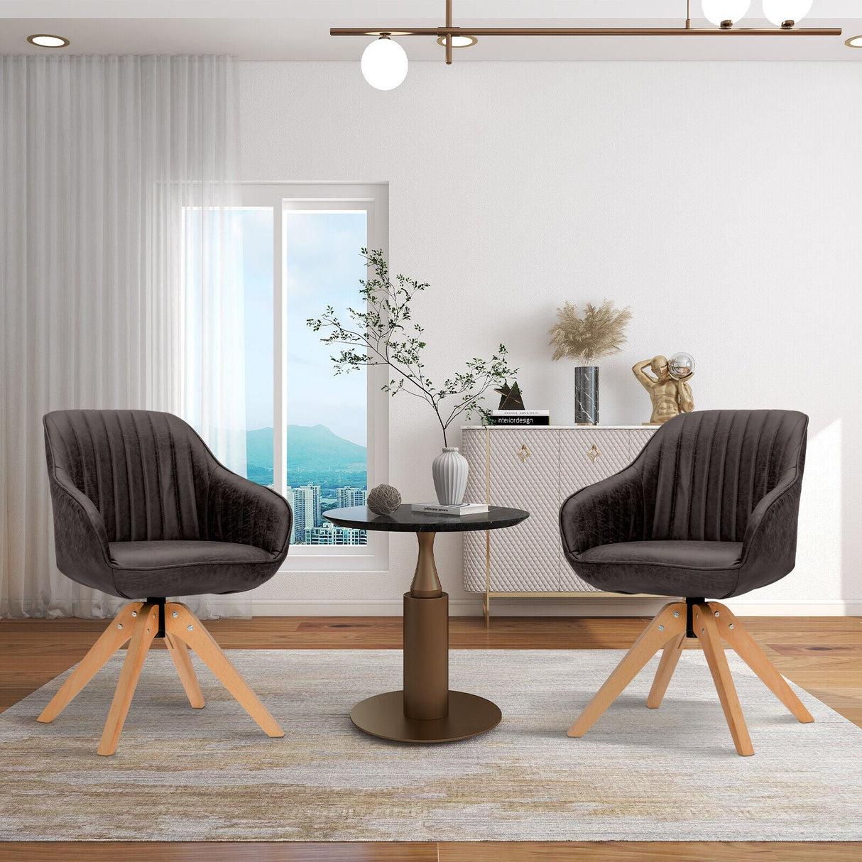 Juego Moderno Leathaire de 2 Sillones Giratorios con Patas de Madera de Haya