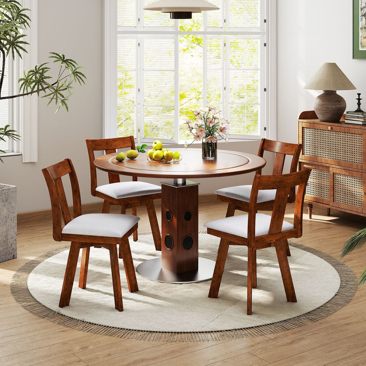 Set of 2 Swivel Dining Room Chairs with Rubber Wood Frame-Walnut