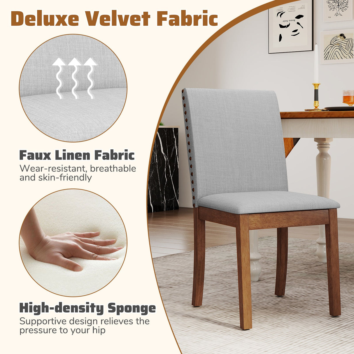 Set of 2 Upholstered Dining Chairs with Padded Seat for Living Room-Walnut