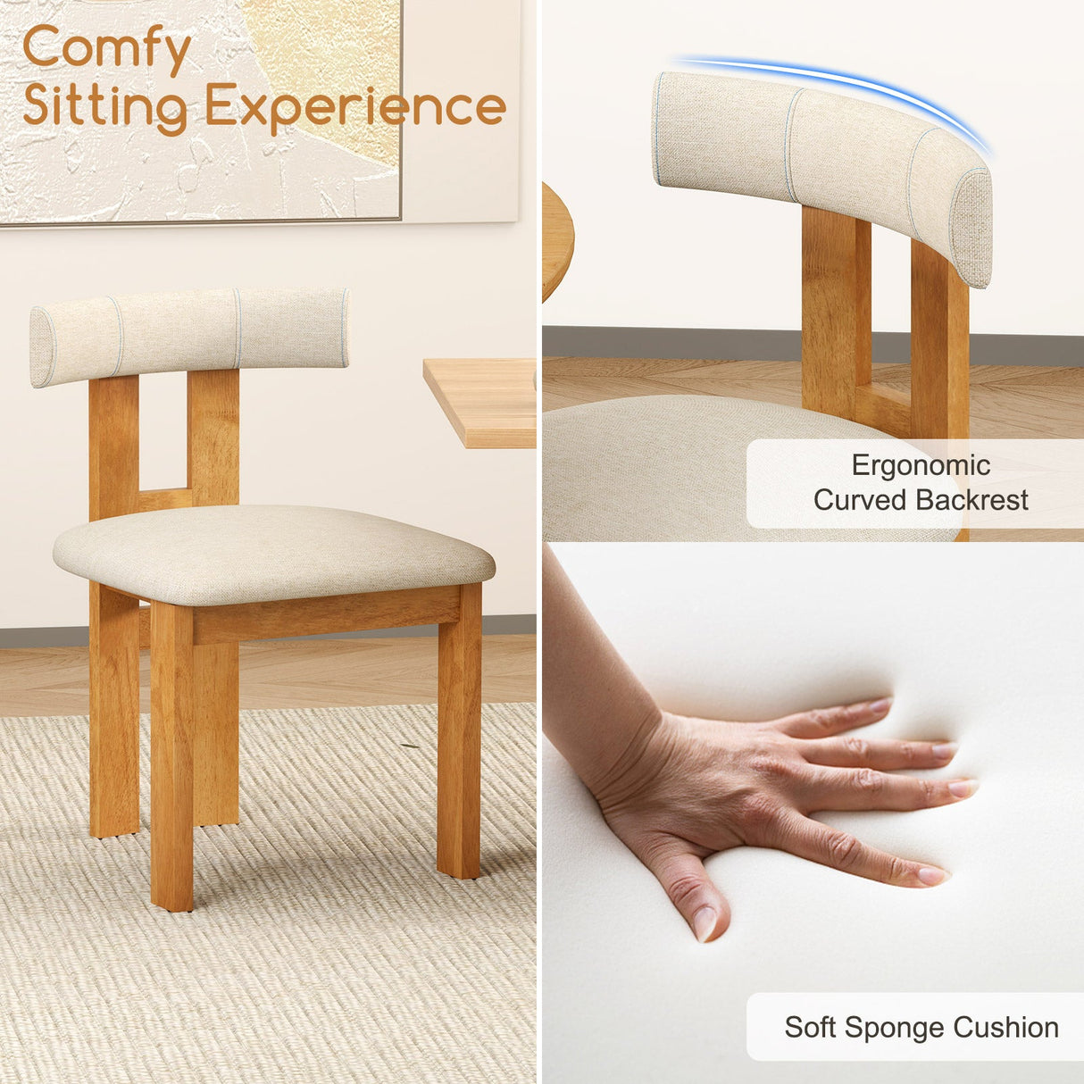 Juego de 2 sillas de comedor tapizadas para cocina con asiento acolchado - Natural