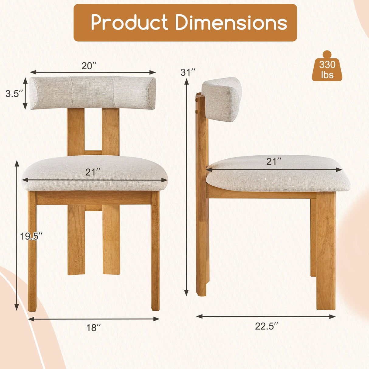 Juego de 2 sillas de comedor tapizadas para cocina con asiento acolchado - Natural