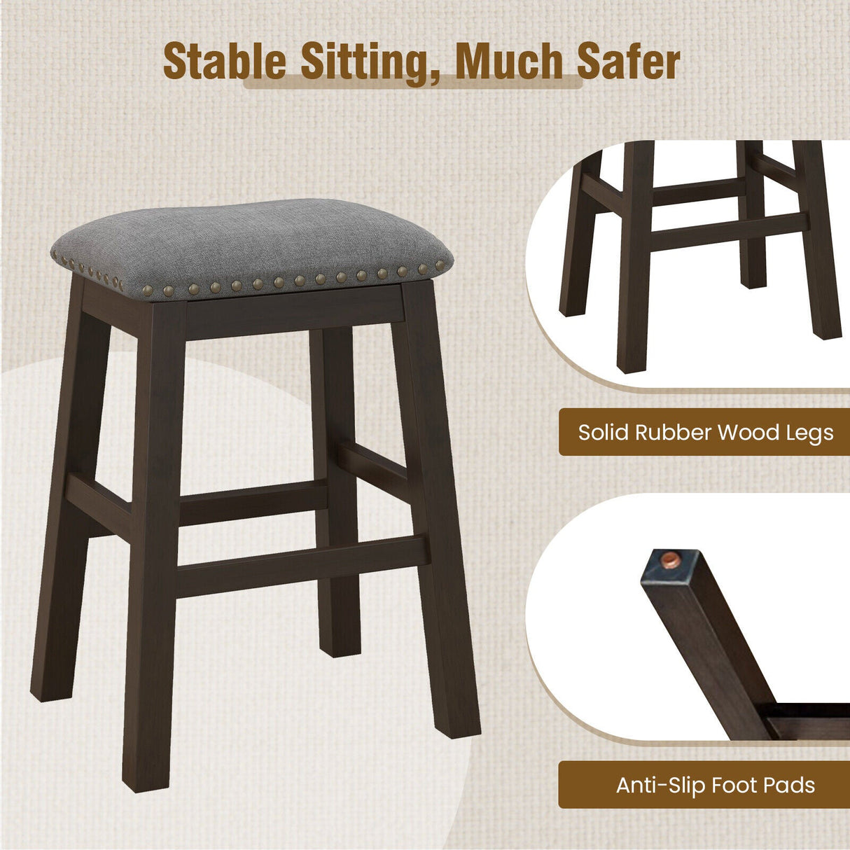 Juego de 2 taburetes de bar de 24.5 pulgadas de altura de mostrador con asiento acolchado - Gris