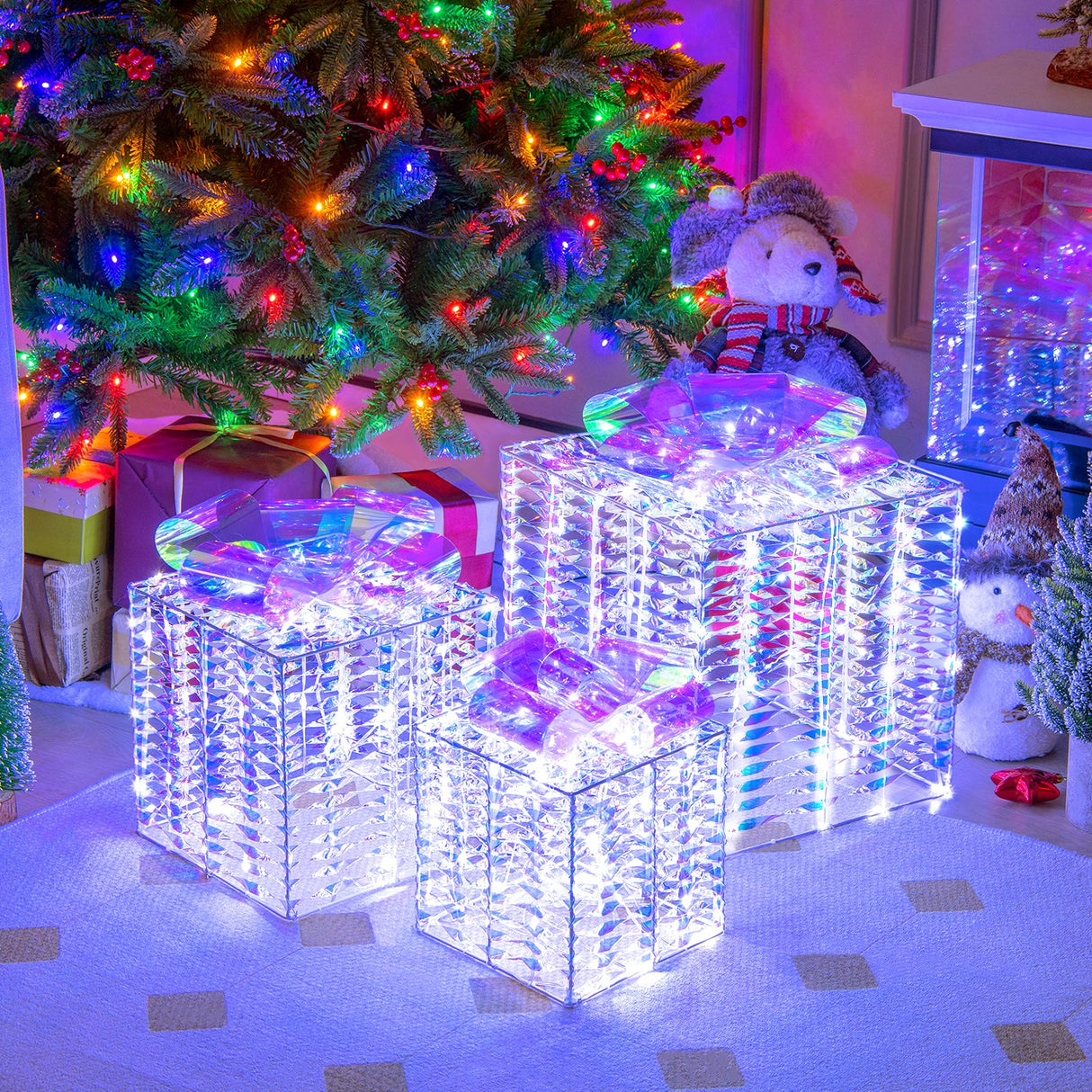 Set of 3 Iridescent Christmas Gift Box with Iridescent Bows