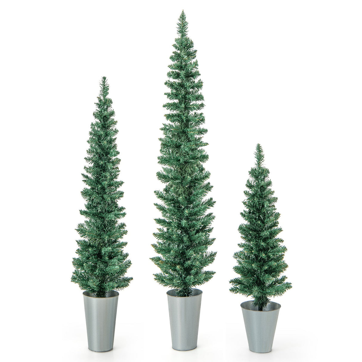 Juego de 3 árboles de Navidad artificiales en macetas con cubos de metal plateado